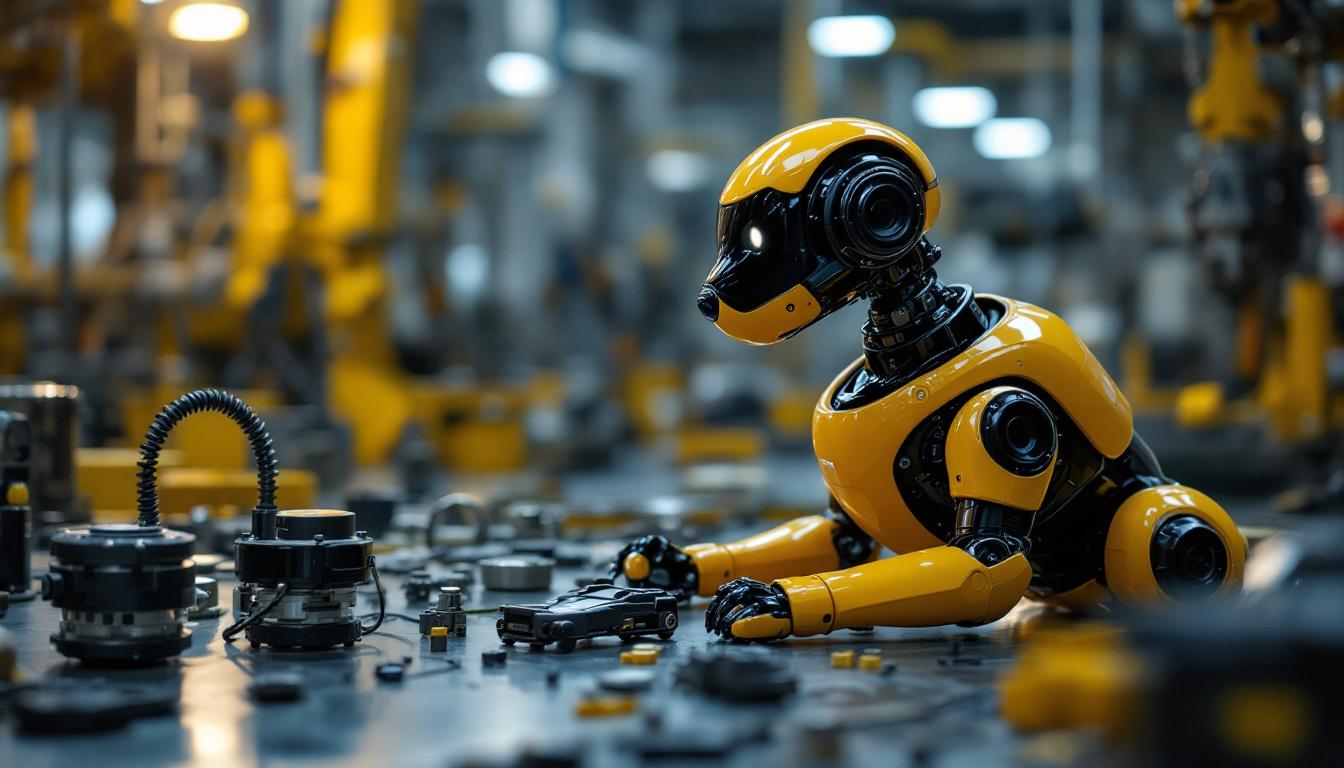 A photograph of a spot robotic dog interacting with various industrial components and machinery in a factory setting