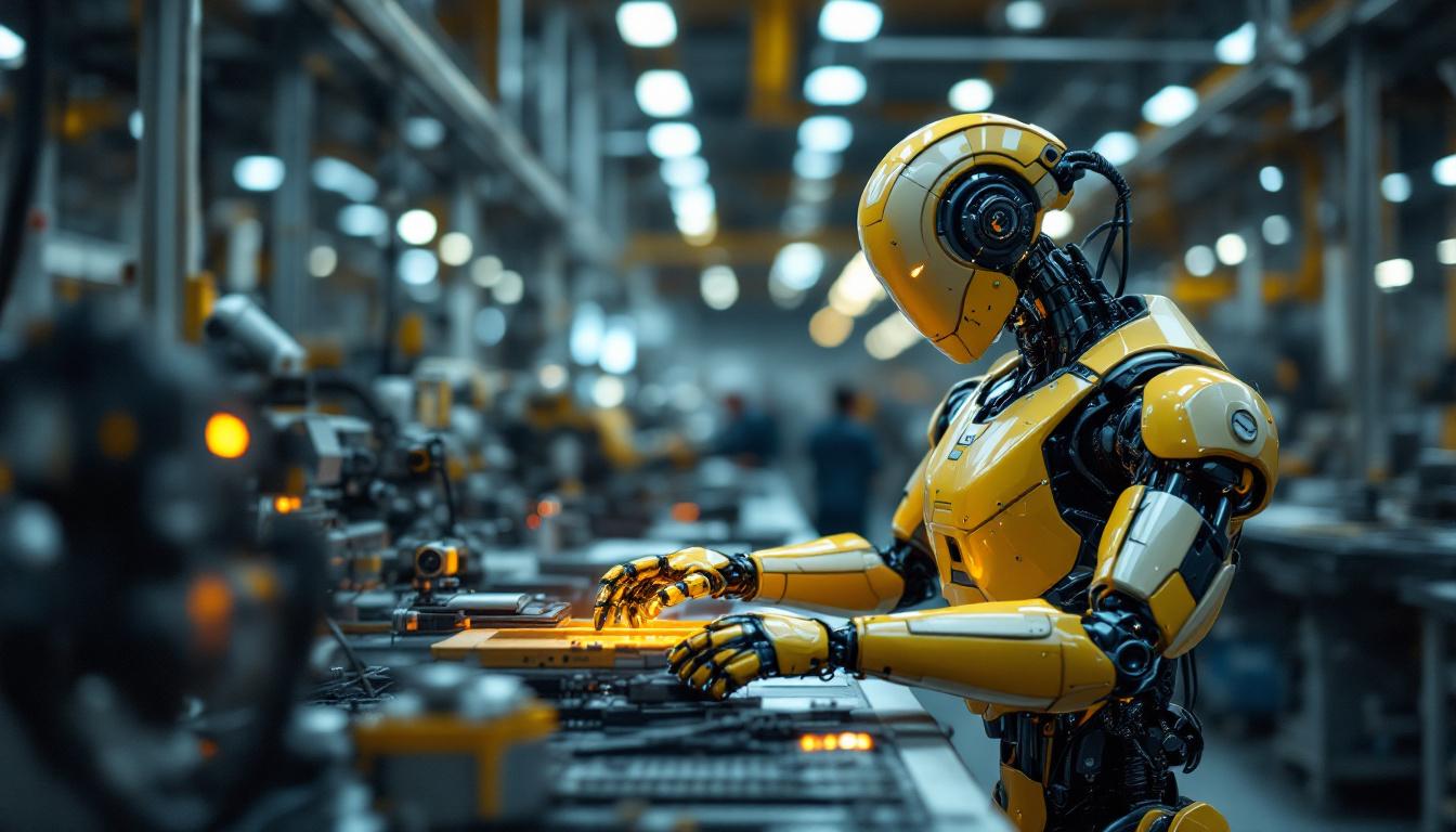 A photograph of a sleek industrial robot in action within a manufacturing environment