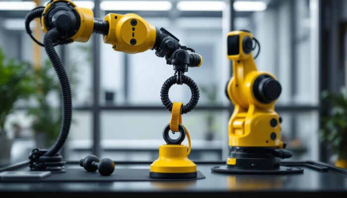 A photograph of a well-designed industrial robotic arm gently lifting a set of dog weights