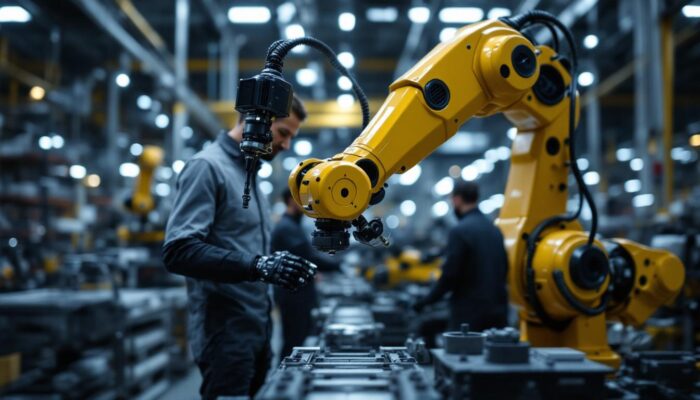 A photograph of a modern industrial robotic arm in action