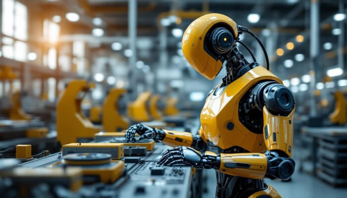 A photograph of a sleek industrial robot in action within a modern manufacturing facility