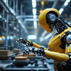 A photograph of a sleek industrial robot in action on a factory floor