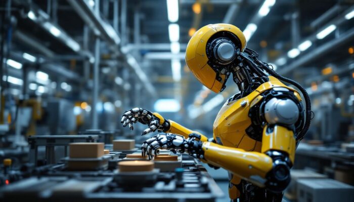 A photograph of a sleek industrial robot in action on a factory floor