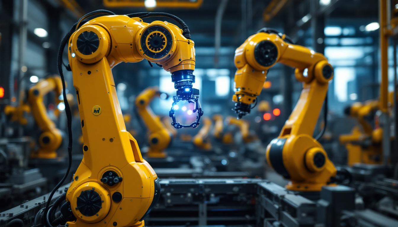 A photograph of a bustling boston industrial setting featuring advanced robotic arms in action