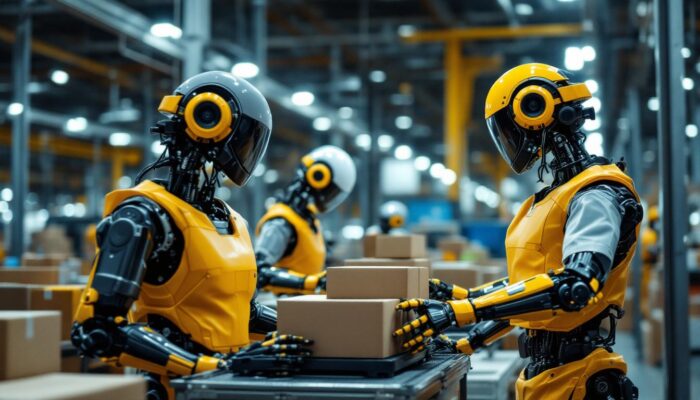 A photograph of a busy amazon fulfillment center showcasing industrial robots in action