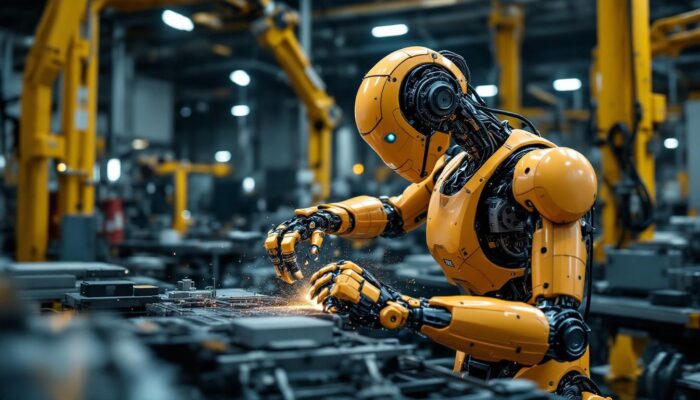 A photograph of a dynamic industrial robot in action within a manufacturing environment