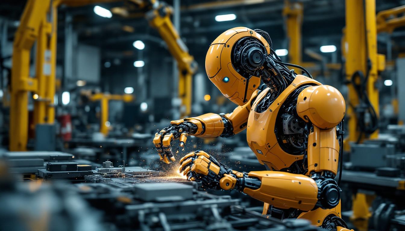 A photograph of a dynamic industrial robot in action within a manufacturing environment