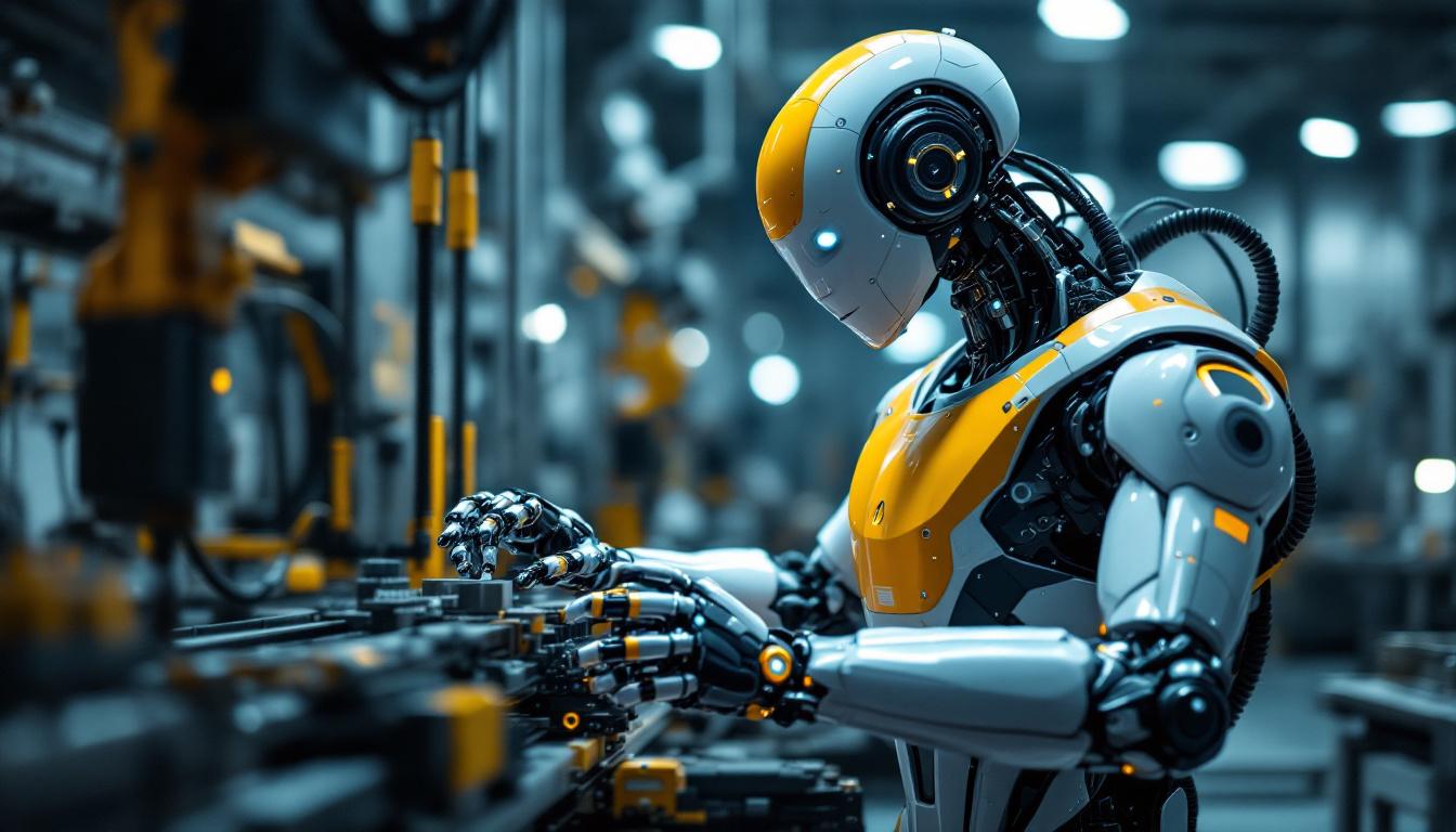 A photograph of a sleek industrial robot in action within a modern manufacturing environment