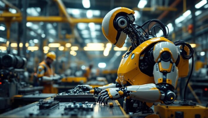 A photograph of a sleek industrial robot in action within a modern manufacturing facility