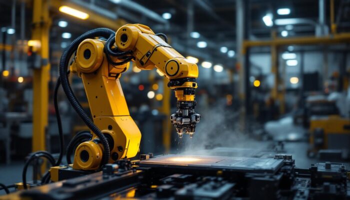 A photograph of a sleek industrial robotic arm in action