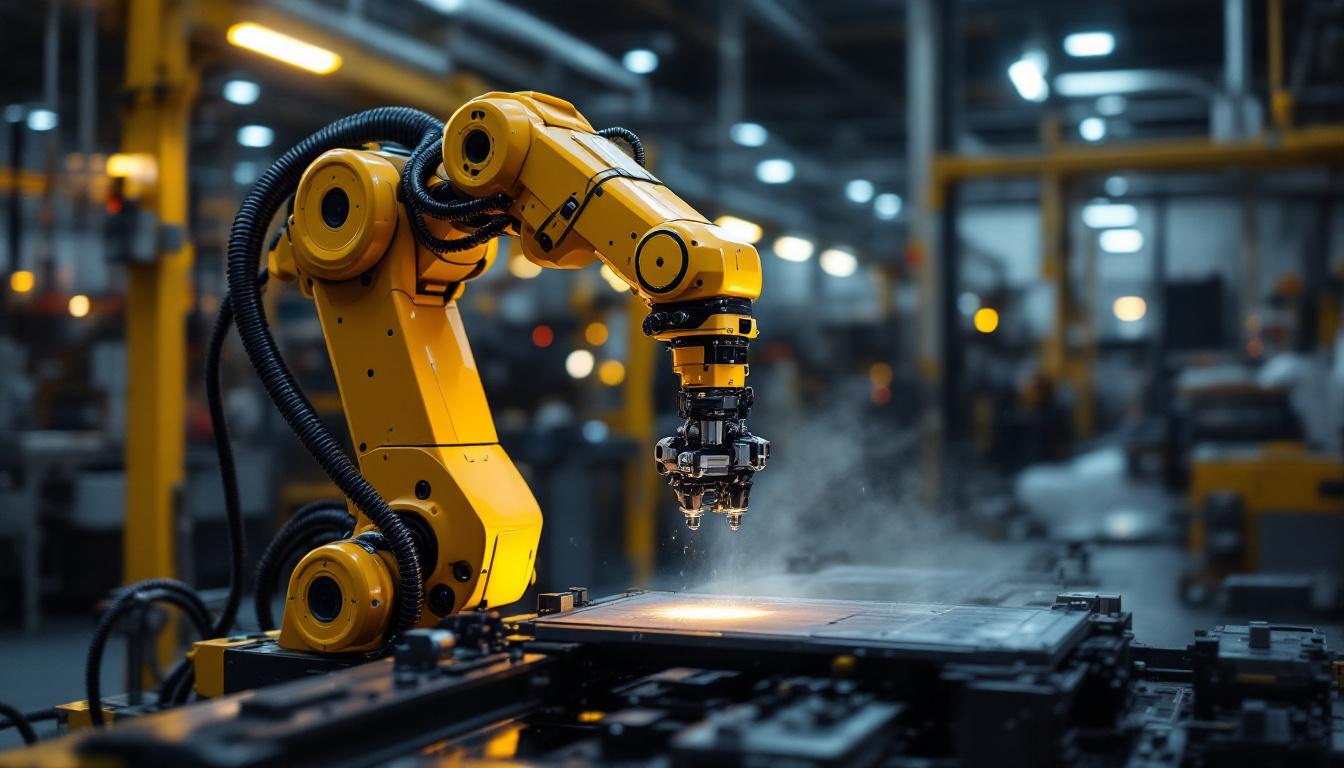 A photograph of a sleek industrial robotic arm in action