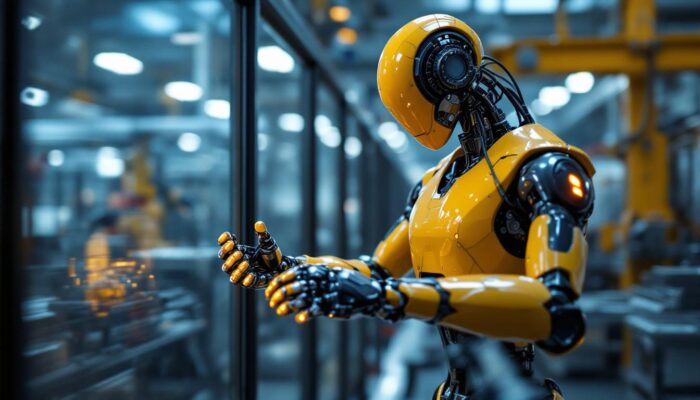 A photograph of a sleek industrial robot in action within a modern manufacturing environment