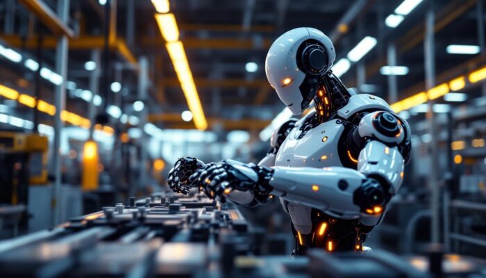 A photograph of a sleek industrial robot in action within a modern manufacturing environment