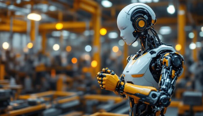 A photograph of a sleek industrial robot in action within a manufacturing environment