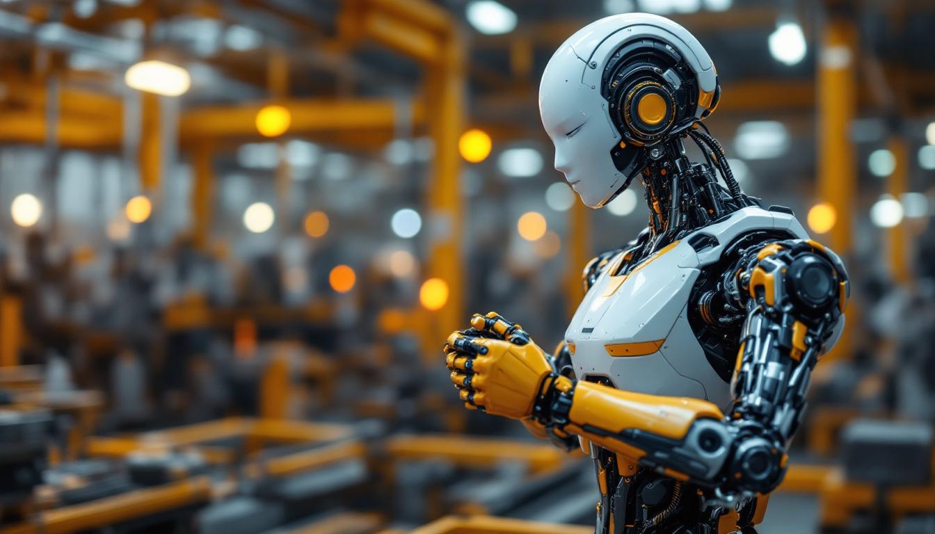 A photograph of a sleek industrial robot in action within a manufacturing environment