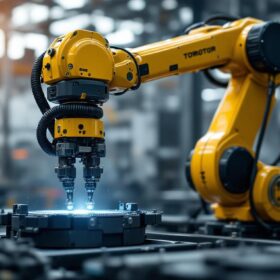 A photograph of a sleek industrial robotic arm in action