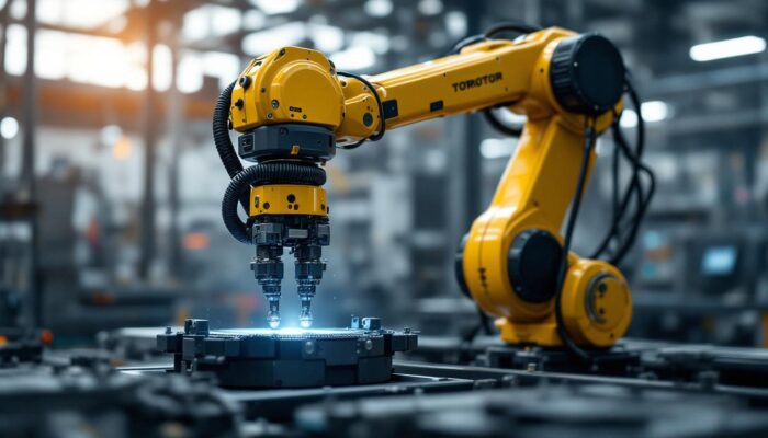 A photograph of a sleek industrial robotic arm in action