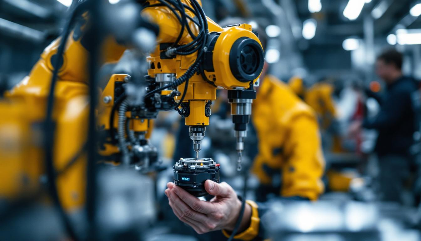 A photograph of a skilled technician working on an industrial robot in a modern boston tech facility