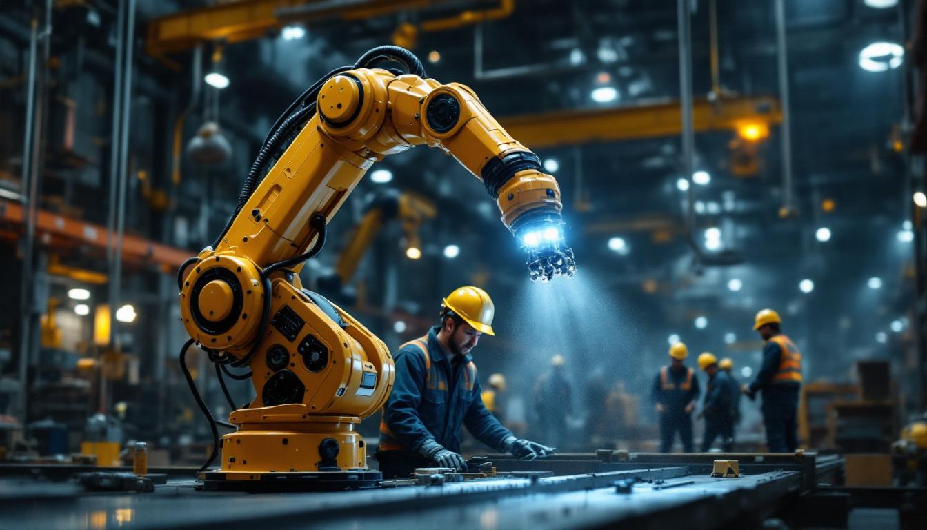 A photograph of a dynamic industrial setting showcasing a robotic arm in action