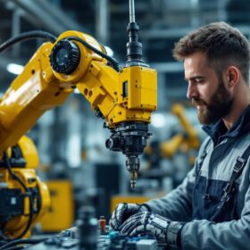 A photograph of a skilled control systems technician working on an industrial robotic arm in a modern manufacturing environment