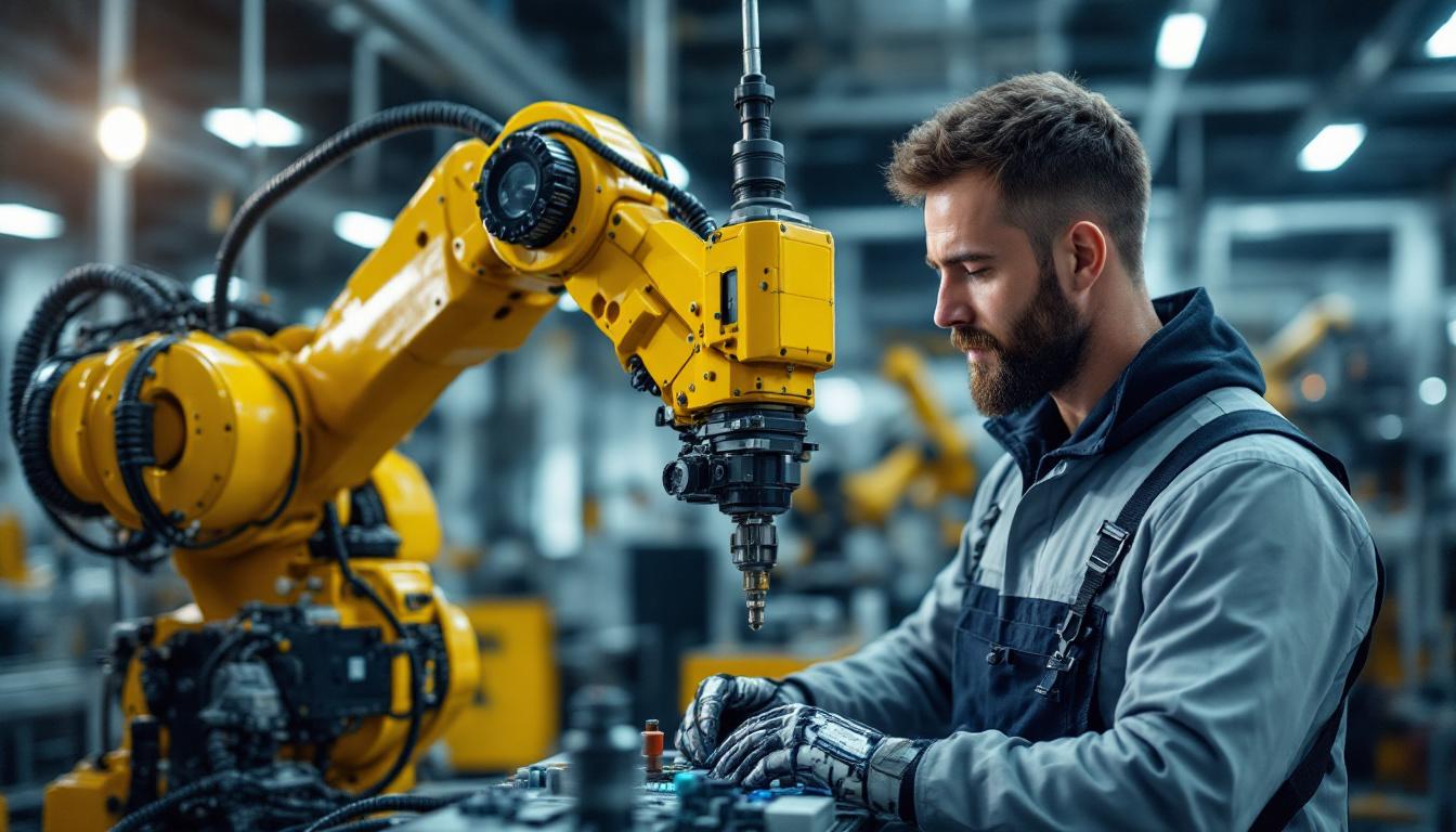 A photograph of a skilled control systems technician working on an industrial robotic arm in a modern manufacturing environment