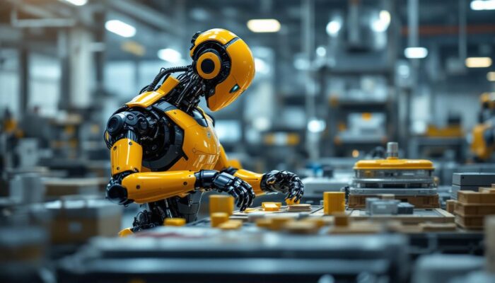 A photograph of a sleek industrial robot in action within a modern manufacturing environment