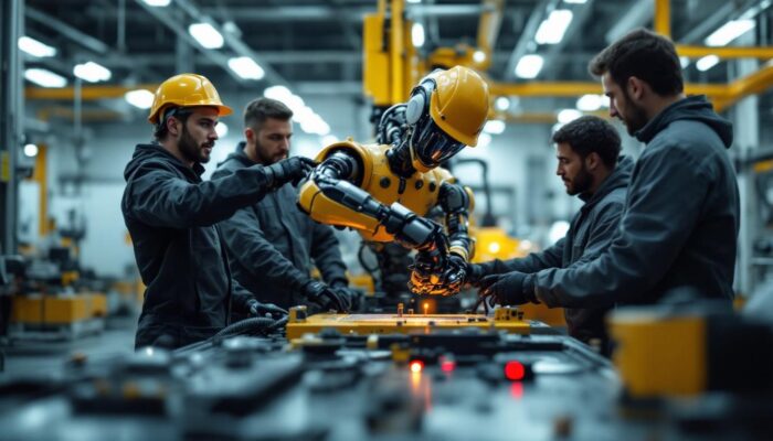 A photograph of a dynamic team of engineers and operators collaborating around an industrial robot