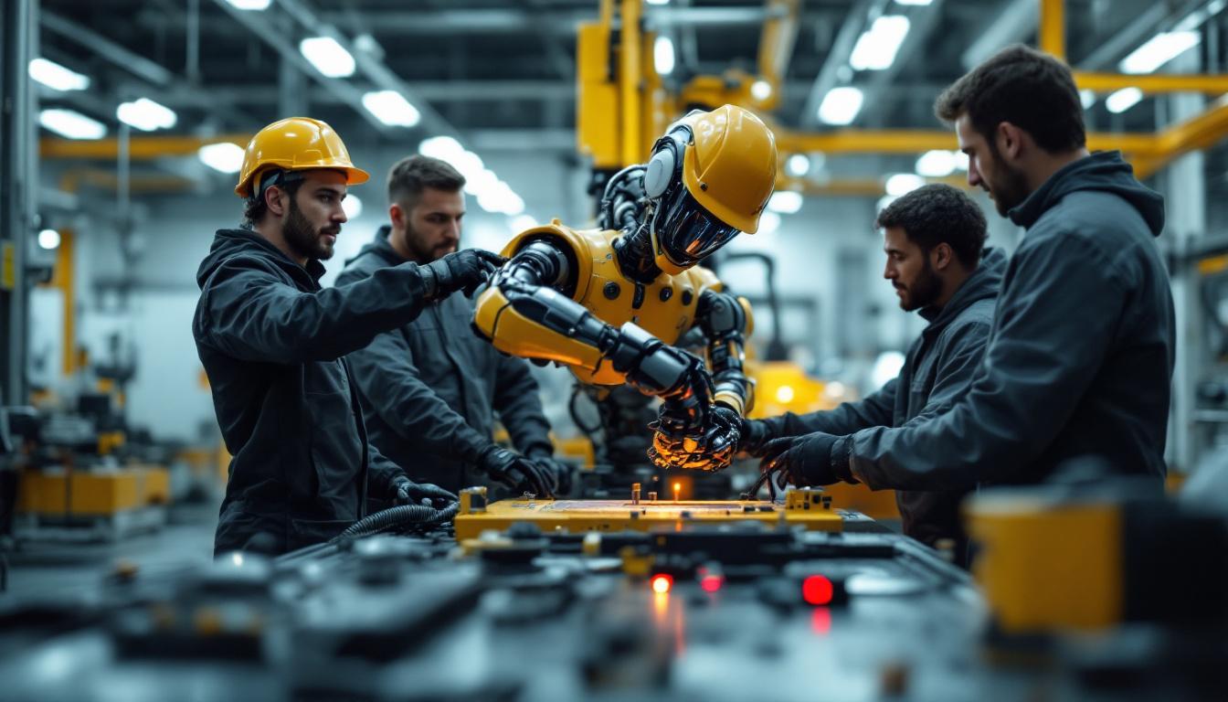 A photograph of a dynamic team of engineers and operators collaborating around an industrial robot
