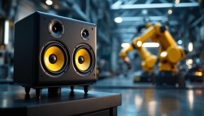 A photograph of a sleek boston acoustic speaker prominently displayed in a modern