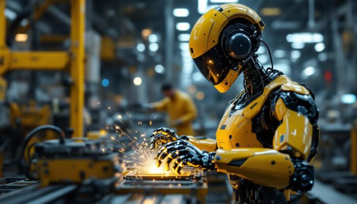 A photograph of a cutting-edge industrial robot in action within a manufacturing environment