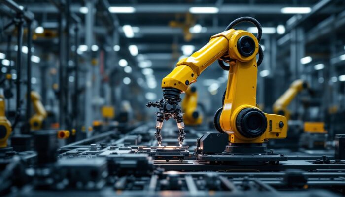 A photograph of a sleek industrial robotic arm in action within a manufacturing environment