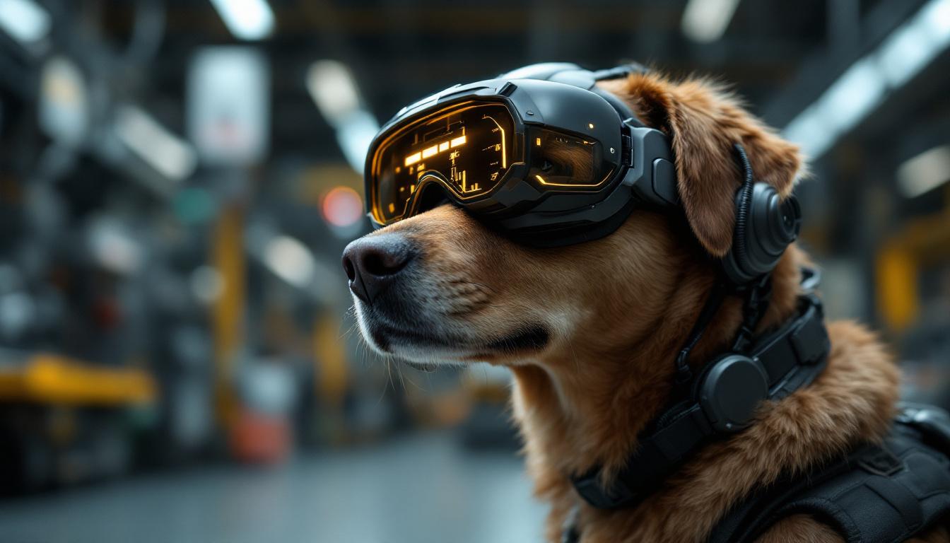 A photograph of a dog wearing a high-tech headset or goggles that simulate its unique vision