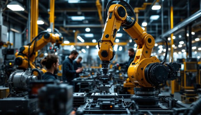 A photograph of a dynamic industrial setting featuring a robotic arm in action