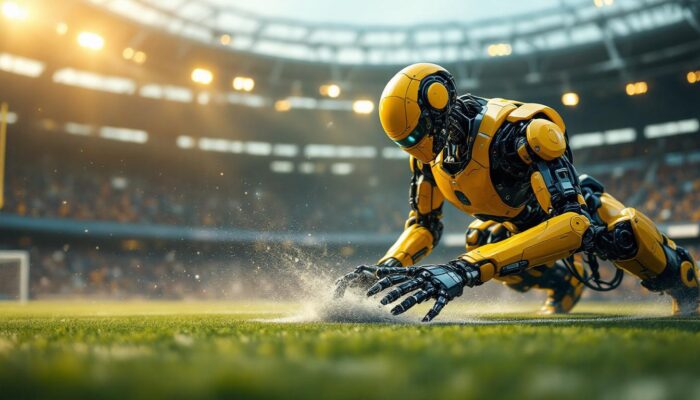 A photograph of a dynamic industrial robot in action on a sports field
