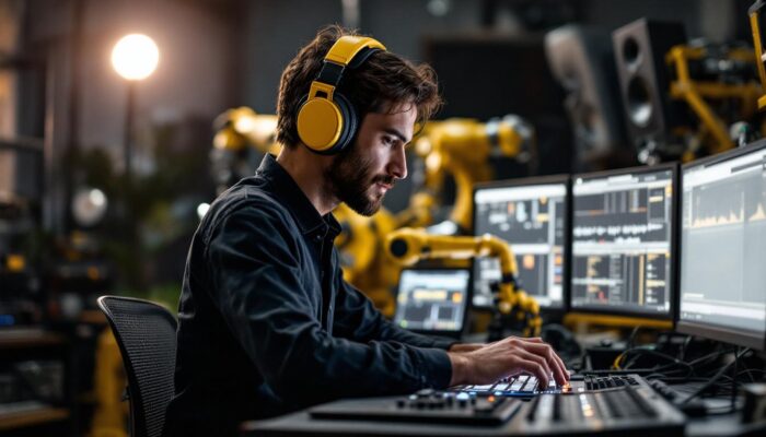 A photograph of a skilled audio engineer working in a modern studio
