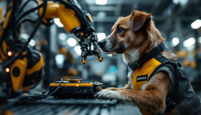 A photograph of a well-trained service dog interacting with an industrial robotic system