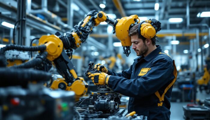 A photograph of a skilled technician performing maintenance on an industrial robot in a modern factory setting