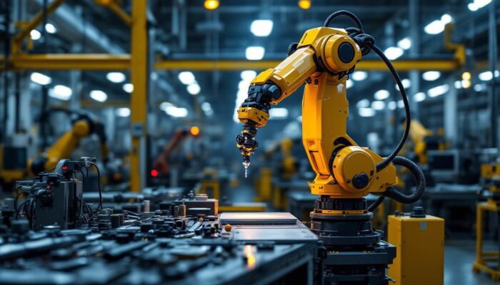 A photograph of a sleek industrial robotic arm in action