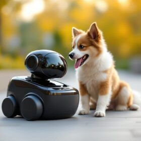 A photograph of a playful dog interacting with a sleek