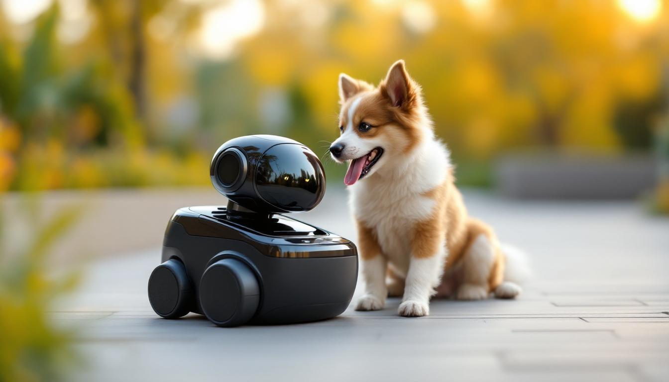 A photograph of a playful dog interacting with a sleek