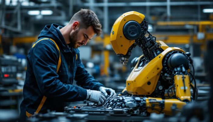 A photograph of a skilled apprentice working hands-on with an industrial robot in a modern workshop