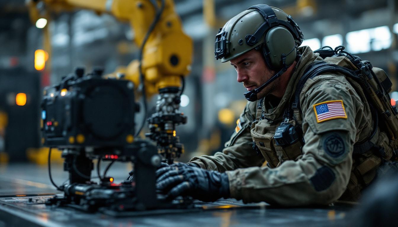A photograph of a highly skilled air national guard eod technician operating an industrial robotic device in a dynamic training environment