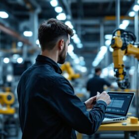 A photograph of a skilled technician programming or operating an industrial robot in a modern manufacturing facility