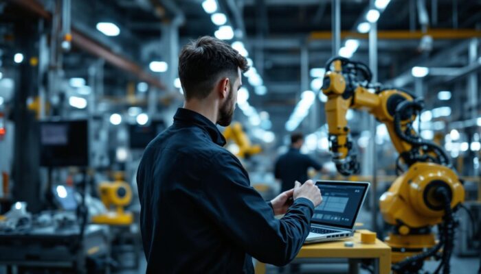 A photograph of a skilled technician programming or operating an industrial robot in a modern manufacturing facility