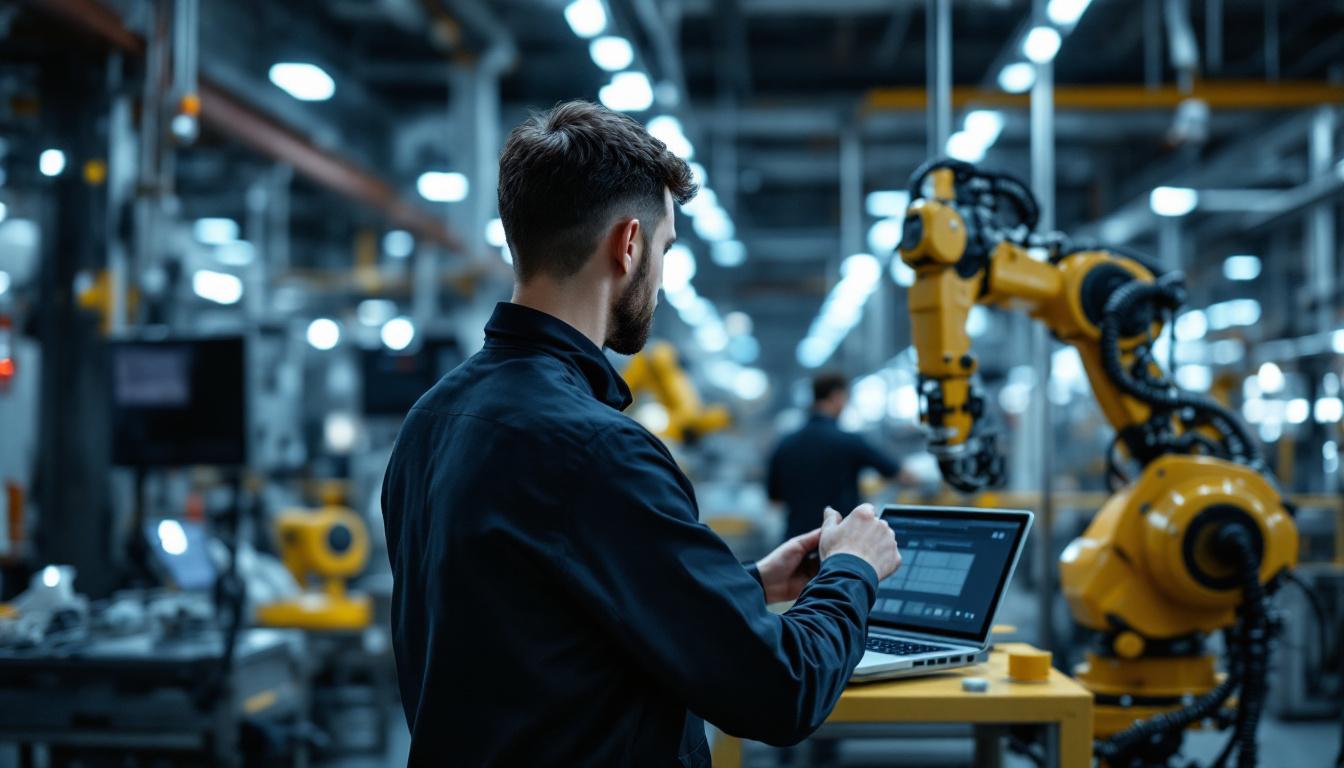 A photograph of a skilled technician programming or operating an industrial robot in a modern manufacturing facility