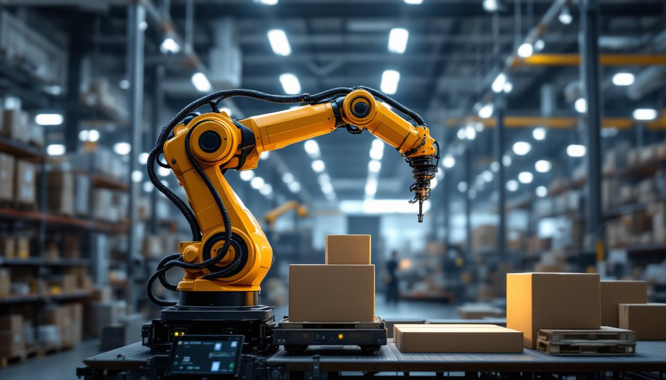 A photograph of a sleek industrial robotic arm in action within a modern logistics warehouse