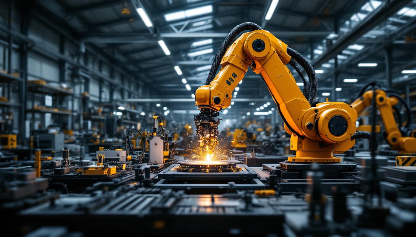 A photograph of a sleek industrial robotic arm in action within a modern warehouse setting