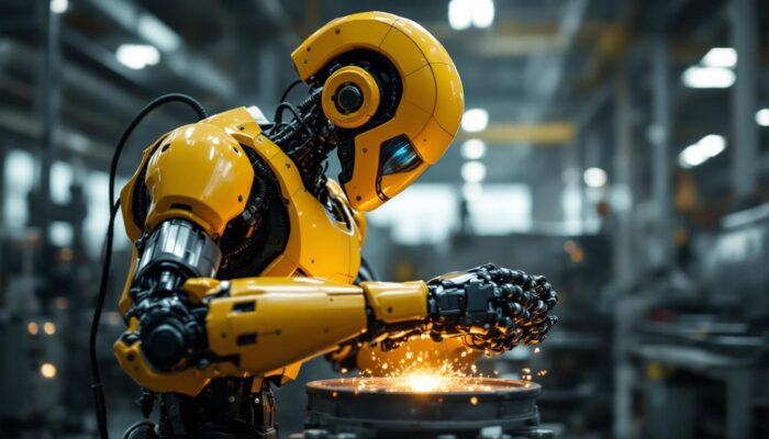 A photograph of a rugged industrial robot in action