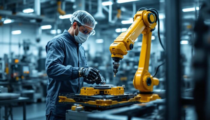 A photograph of a skilled technician operating an industrial robotic arm in a clean