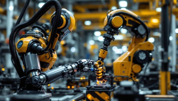 A photograph of a dynamic industrial robot in action within a boston plant setting